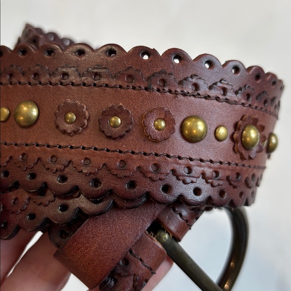 Danier Brown Leather Belt Gold Studs Brass Circle Buckle Size Medium - Picture 6 of 14